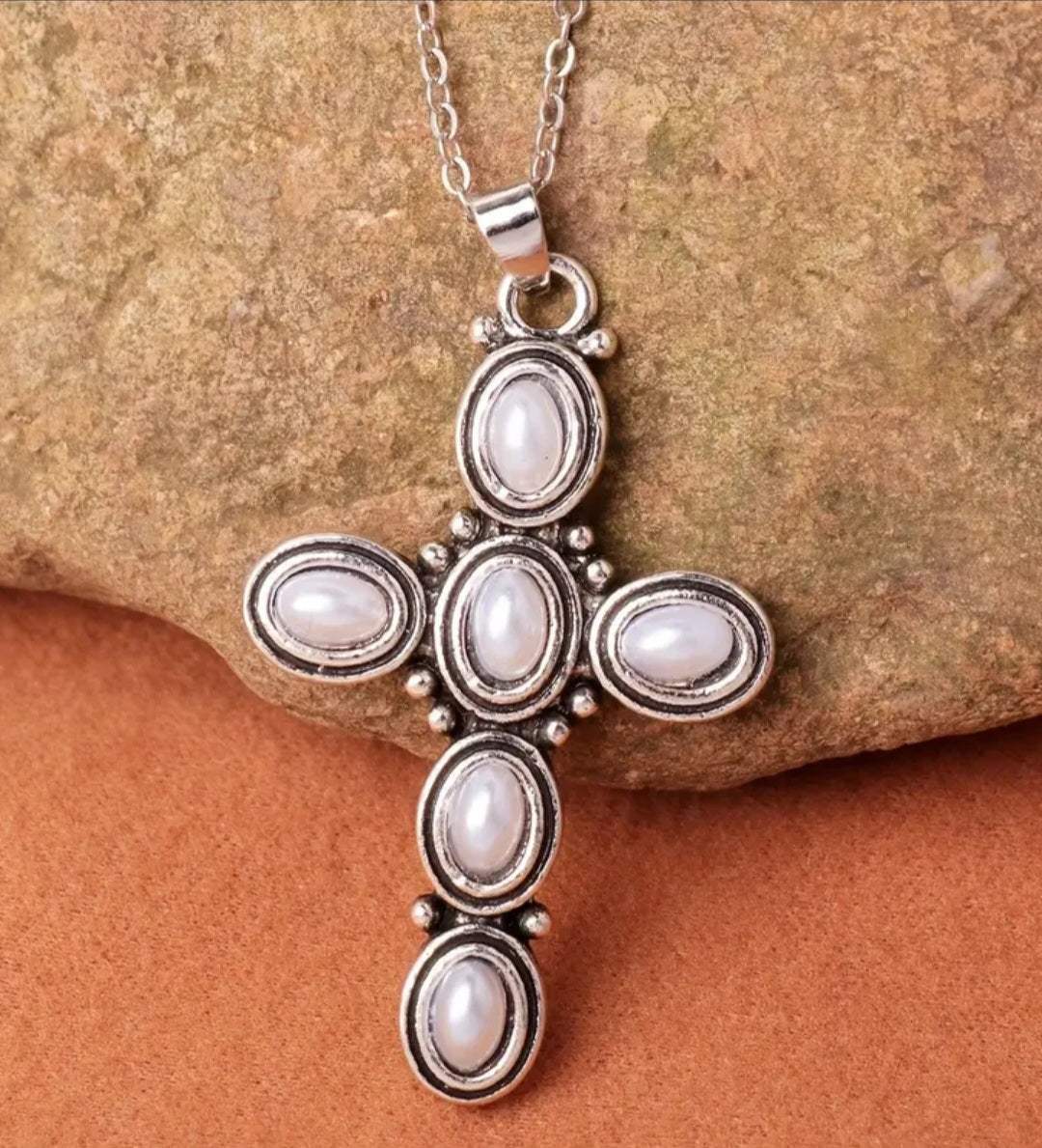 Cross Necklace with Faux Pearls