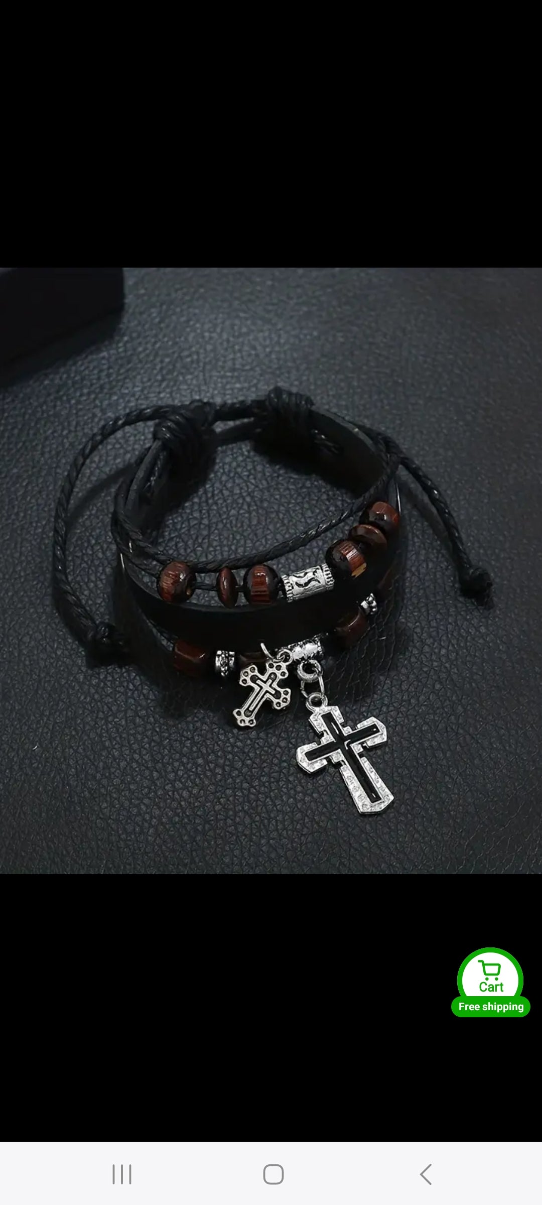 Black PU leather bracelet with 2 crosses and beads